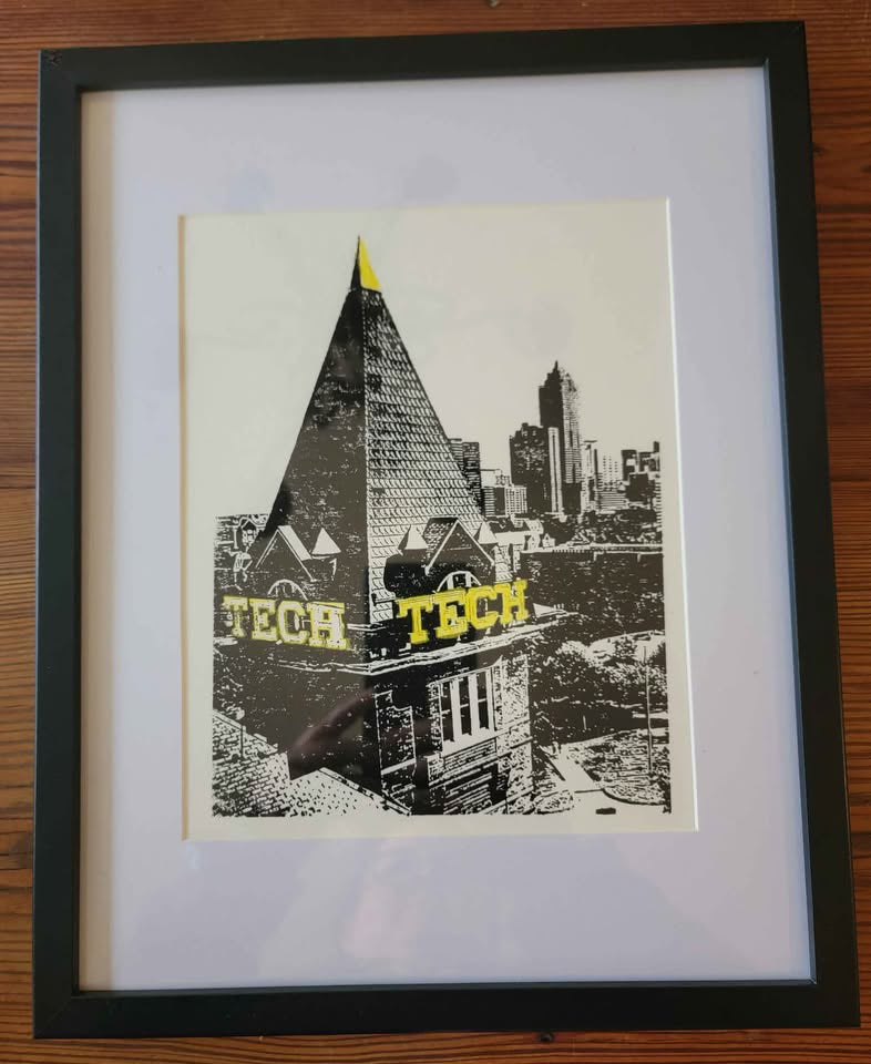 11x14 Framed and Matted Tech Tower at Georgia Tech Black and White Original Art Woodblock Prints For Sale