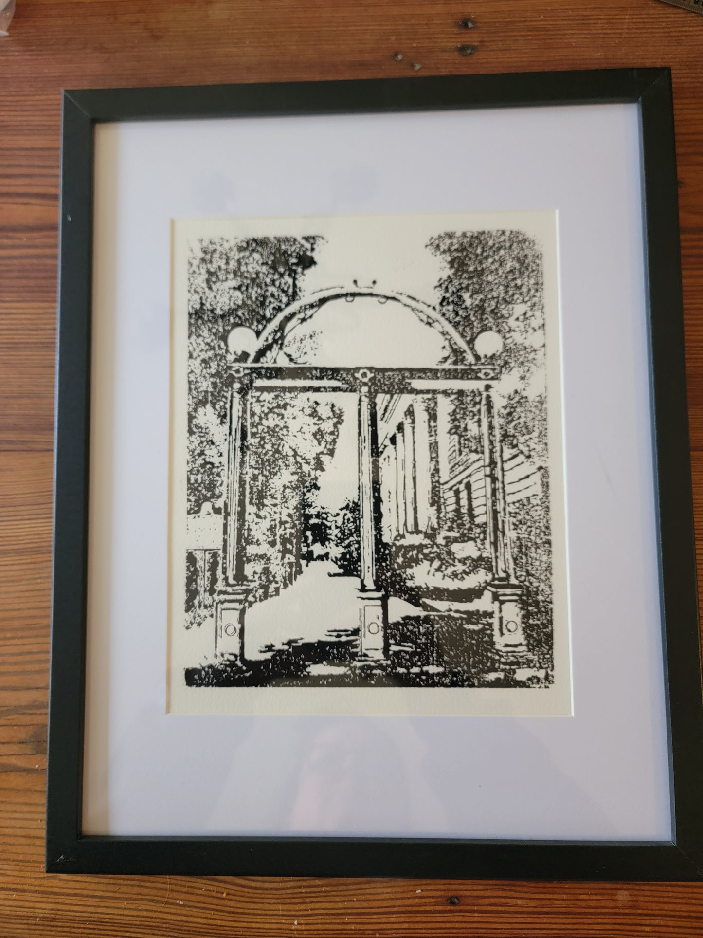 11x14 Framed and Matted University of Georgia UGA Arch Black and White Original Art Woodblock Prints For Sale