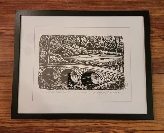 11x14 Matted and Framed Masters Golf 12th Hole Augusta National Black and White Original Art Woodblock Prints of the 12th Hole, "Amen Corner", at Augusta National Golf Course