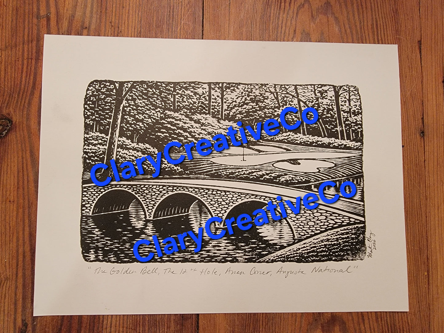 9x12 Masters Golf 12th Hole Augusta National Black and White Original Art Woodblock Prints of the 12th Hole, "Amen Corner", at Augusta National Golf Course