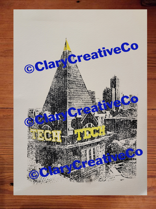 9x12 Tech Tower at Georgia Tech Black and White Original Art Woodblock Prints For Sale