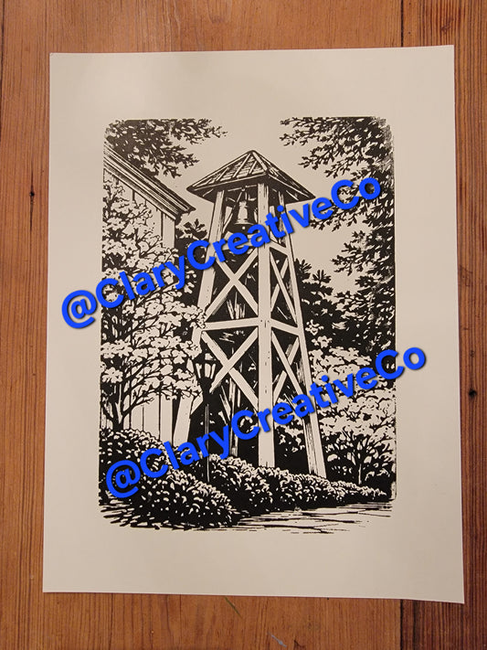 9x12 black and white woodblock print of the Chapel Bell tower at the University of Georgia, UGA in Athens, Georgia For Sale