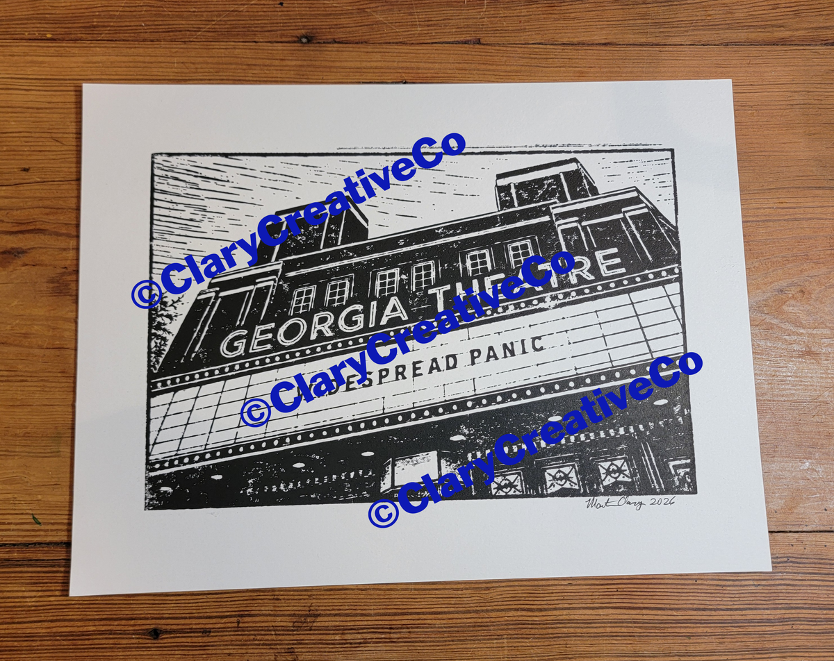 The Georgia Theatre. Widespread Panic Marquee, Athens, Georgia Black and White Original Art Woodblock Prints For Sale (Copy) (Copy) (Copy)