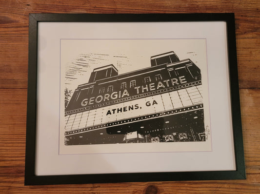 11x14 Framed Black and White woodblock Art Print of The Georgia Theatre Athena Georgia For Sale