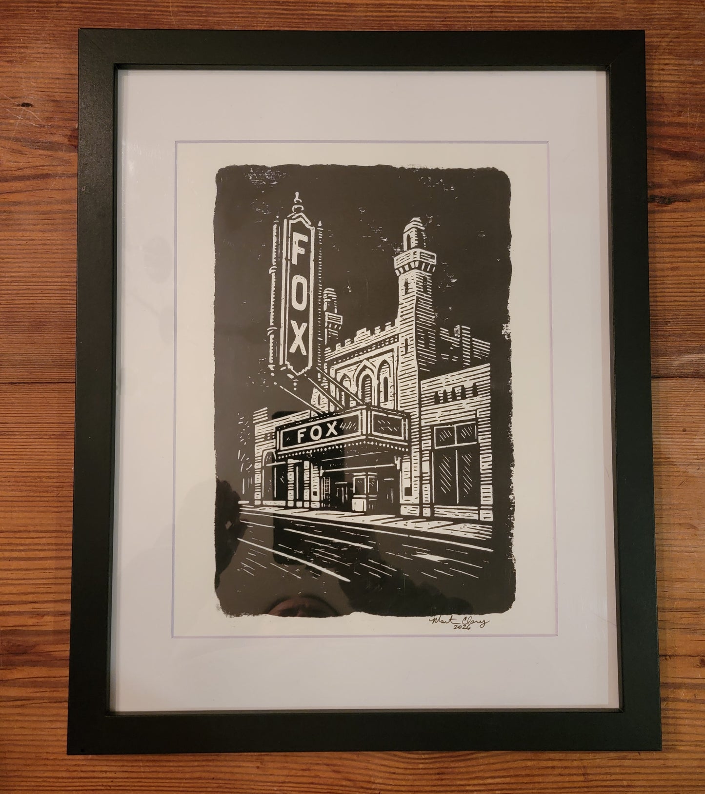 11x14 Framed and Matted Black and White Original Art Woodblock Prints of the Fox Theatre in Atlanta For Sale