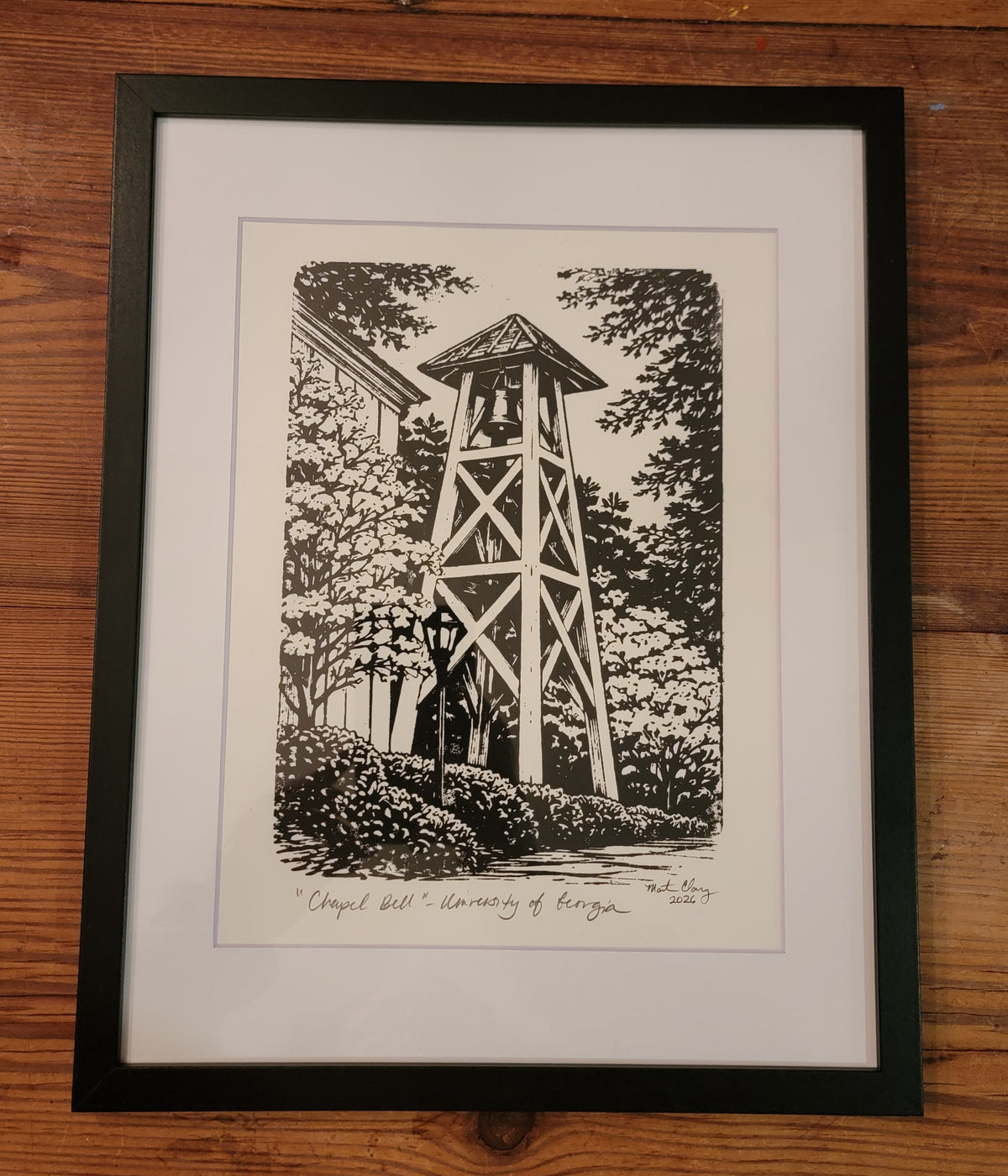11x14 Framed black and white woodblock print of Chapel bell tower at University of Georgia For Sale