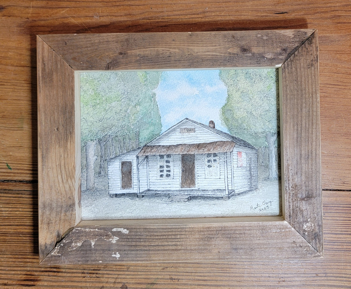Original Pen & Ink Watercolor Painting in Handcrafted, Reclaimed Wood Frame