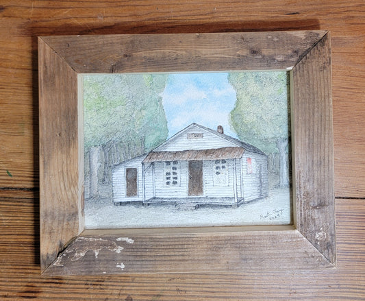 Original Pen & Ink Watercolor Painting in Handcrafted, Reclaimed Wood Frame