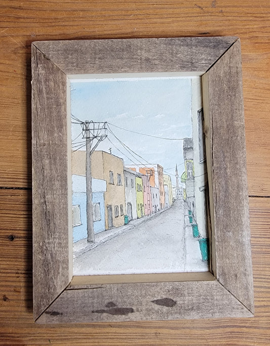 Down a Street in Istanbul — Original Pen & Ink Watercolor in a Handcrafted, Reclaimed Wood Frame