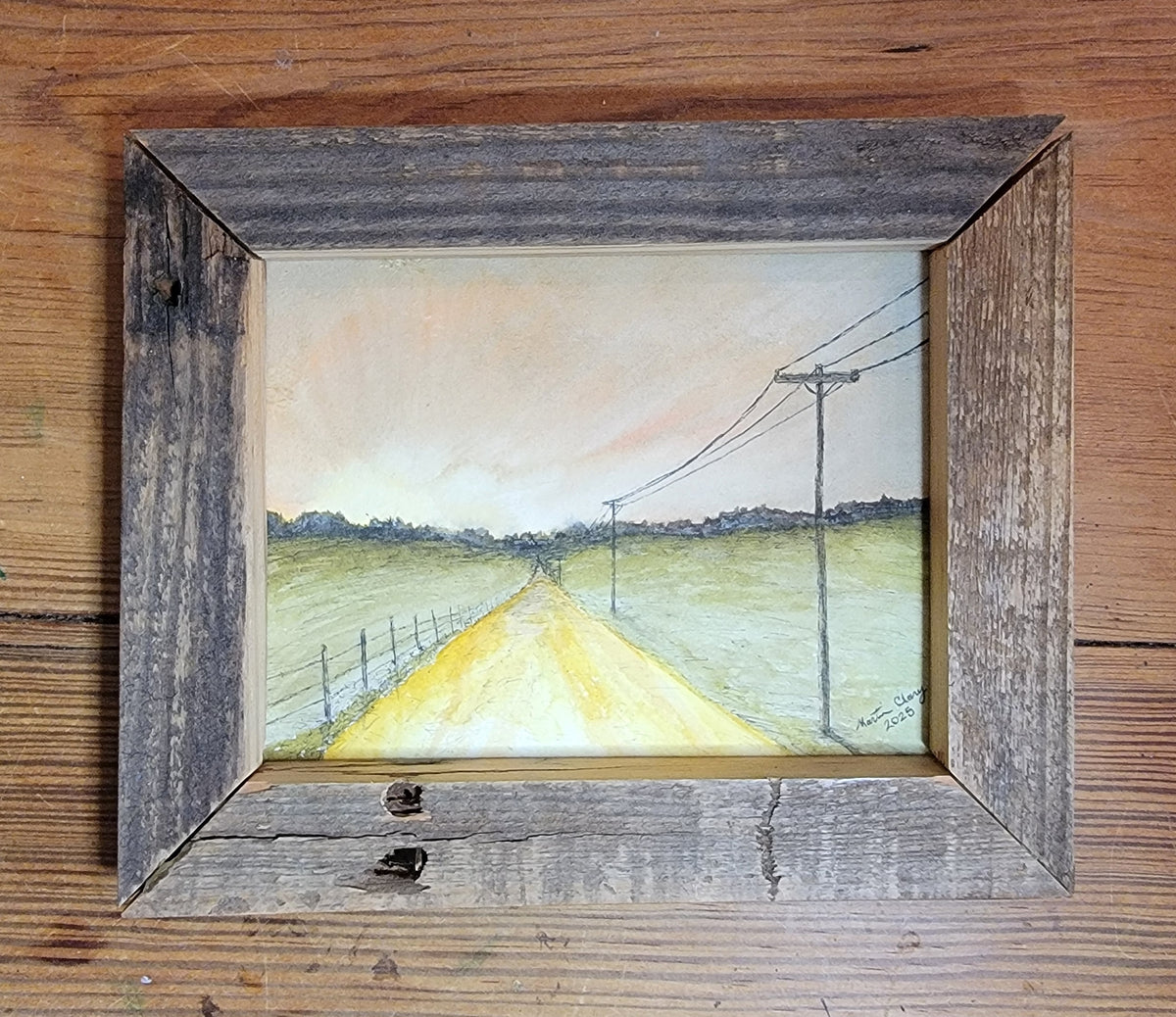 Original Pen and Ink Watercolor Country Road in Handcrafted Reclaimed Wood Frame