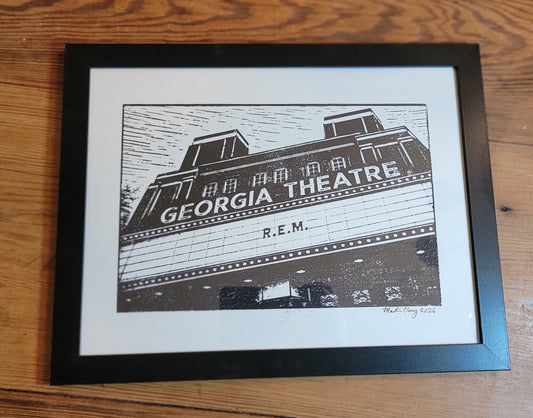 The Georgia Theatre. R.E.M. Marquee, Athens, Georgia Black and White Original Art Woodblock Prints For Sale (Copy)