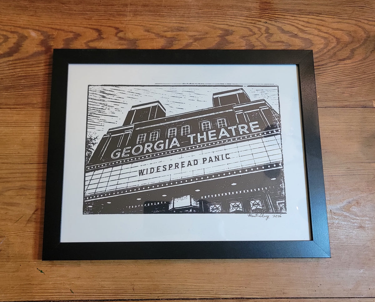 The Georgia Theatre. Widespread Panic Marquee, Athens, Georgia Black and White Original Art Woodblock Prints For Sale (Copy) (Copy) (Copy)