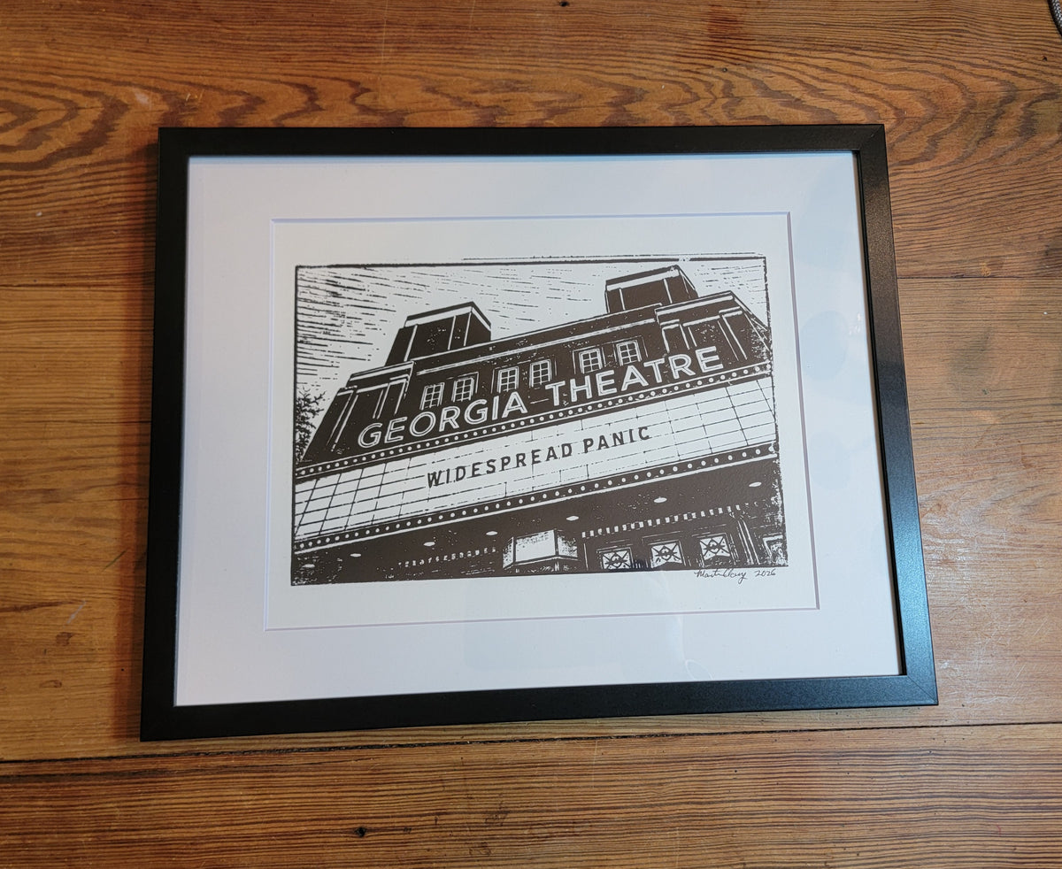 The Georgia Theatre. Widespread Panic Marquee, Athens, Georgia Black and White Original Art Woodblock Prints For Sale (Copy) (Copy) (Copy)