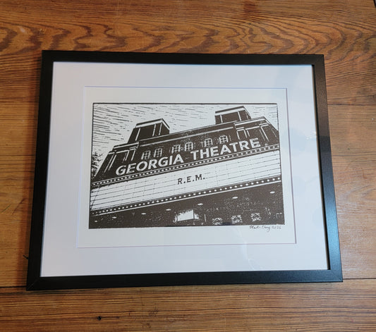 The Georgia Theatre. R.E.M. Marquee, Athens, Georgia Black and White Original Art Woodblock Prints For Sale (Copy)