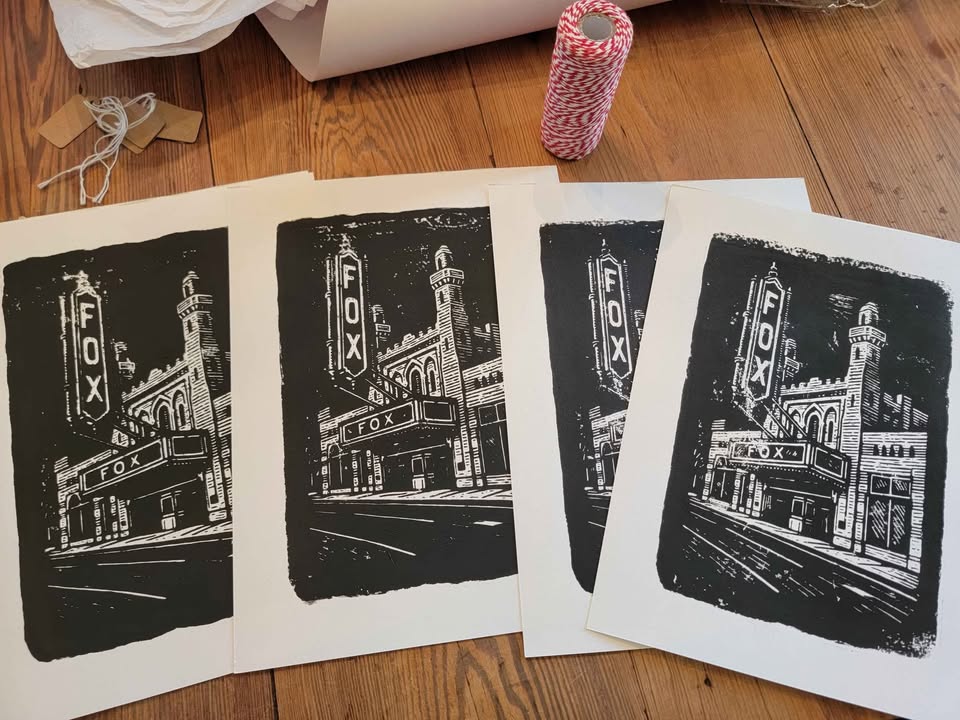 9x12 Black and White Original Art Woodblock Prints of the Fox Theatre in Atlanta For Sale