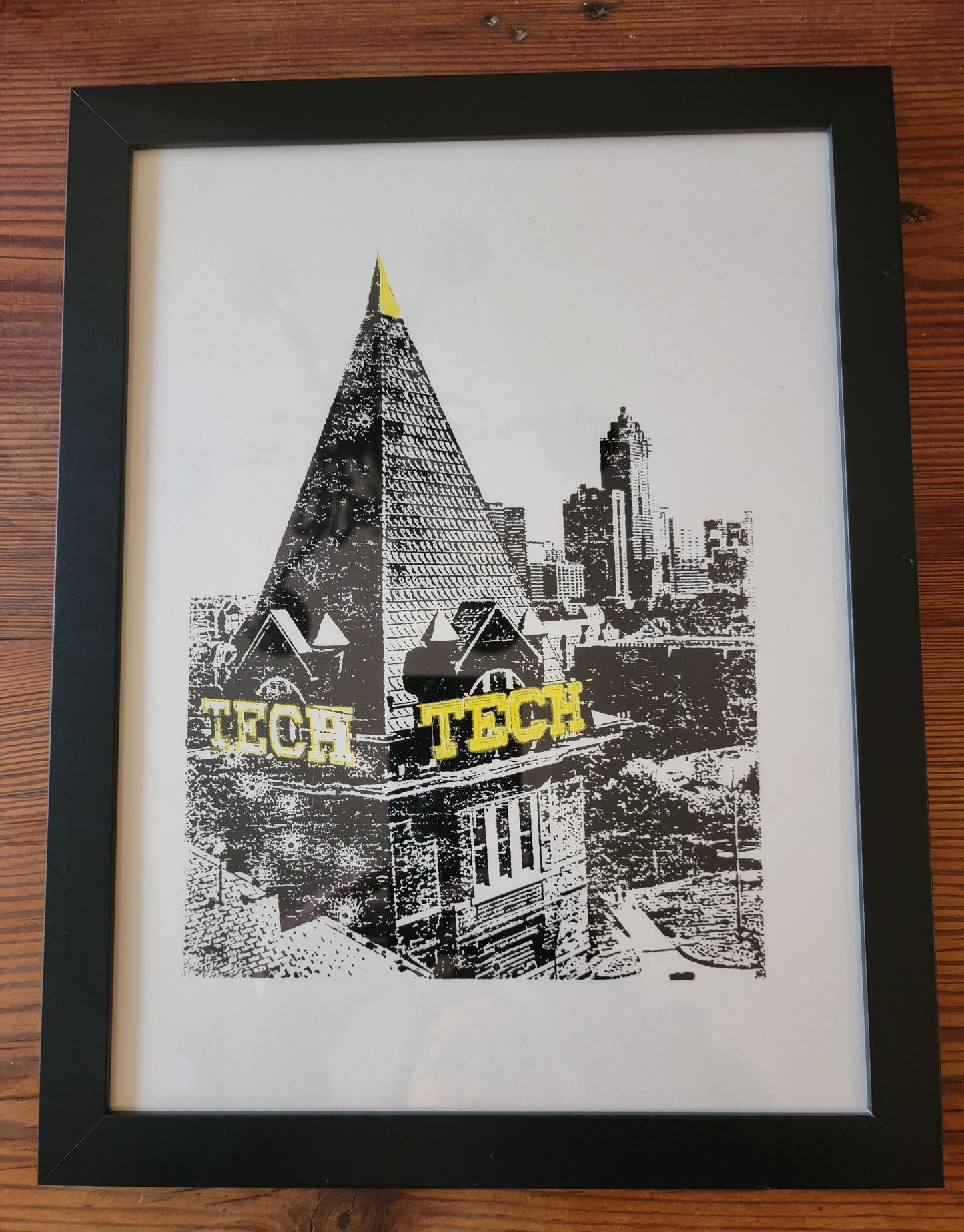 9x12 Framed Tech Tower at Georgia Tech Black and White Original Art Woodblock Prints For Sale