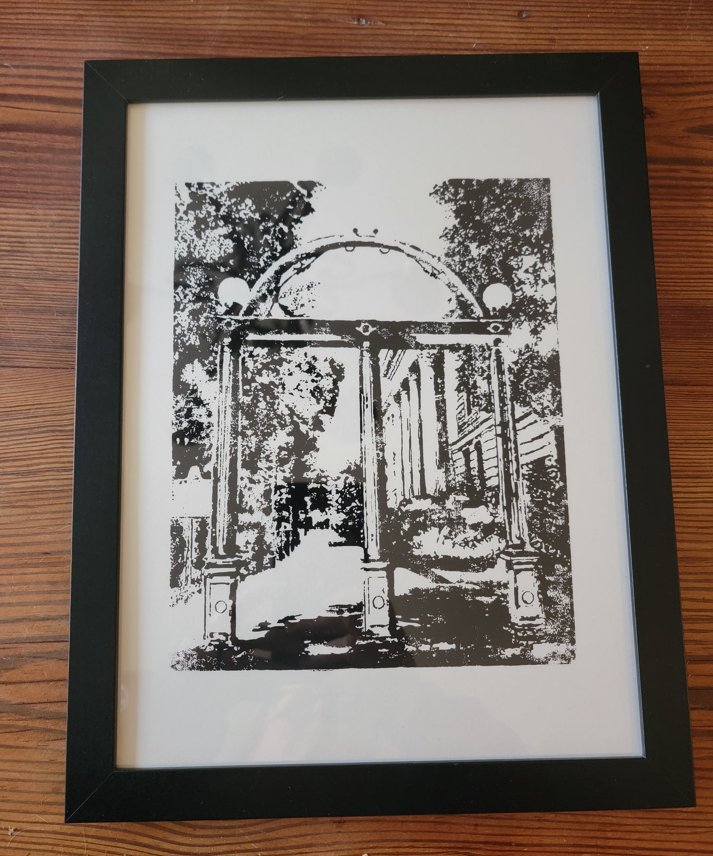 9x12 Framed University of Georgia UGA Arch Black and White Original Art Woodblock Prints For Sale