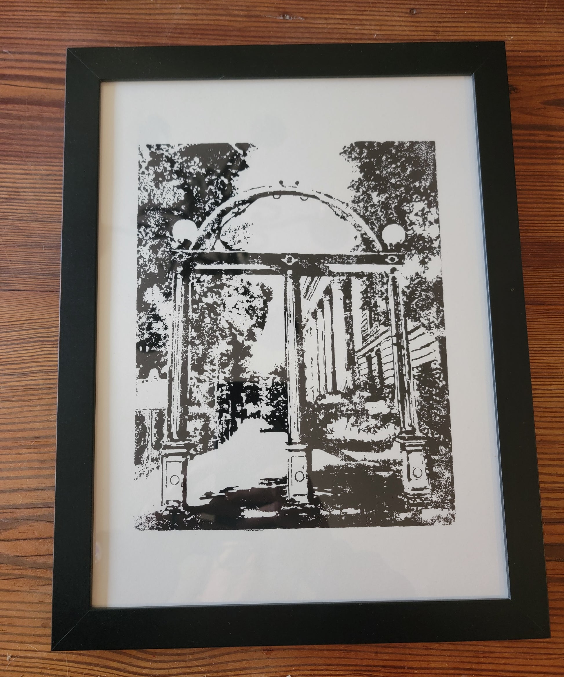 9x12 Framed University of Georgia UGA Arch Black and White Original Art Woodblock Prints For Sale