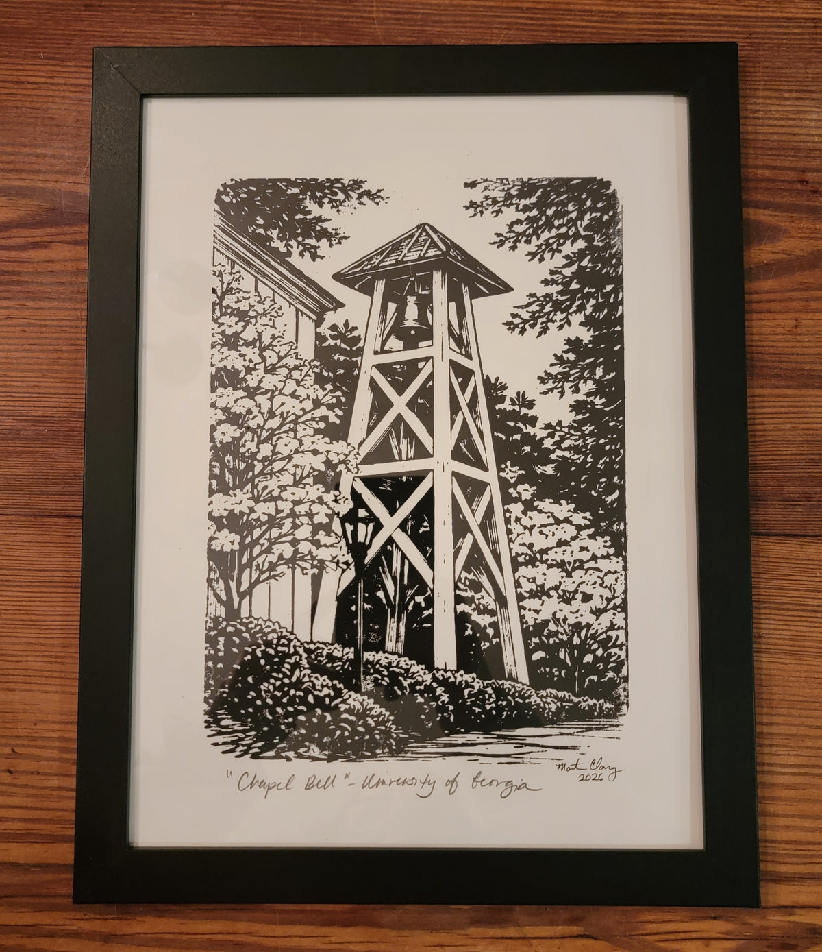 9x12 Framed black and white woodblock print of the Chapel Bell tower at the University of Georgia, UGA in Athens, Georgia For Sale