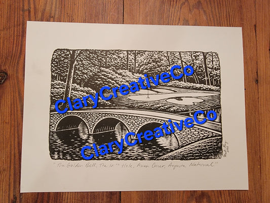 9x12 Masters Golf 12th Hole Augusta National Black and White Original Art Woodblock Prints of the 12th Hole, "Amen Corner", at Augusta National Golf Course