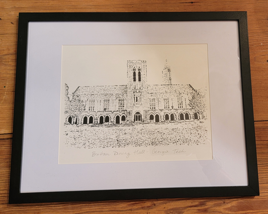 Brittain Dining Hall at Georgia Tech Black and White Original Art Woodblock Prints For Sale