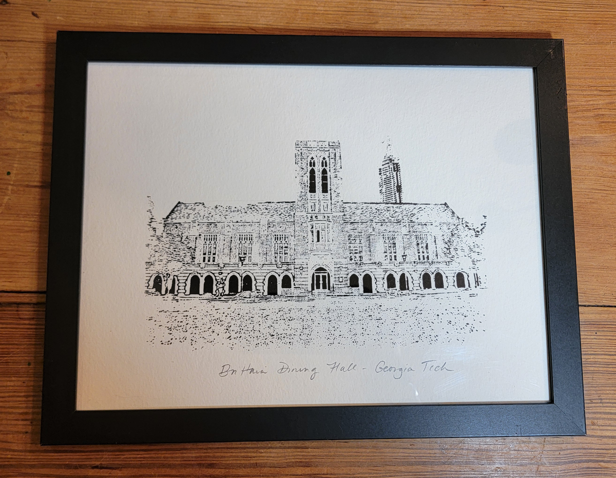 Brittain Dining Hall at Georgia Tech Black and White Original Art Woodblock Prints For Sale