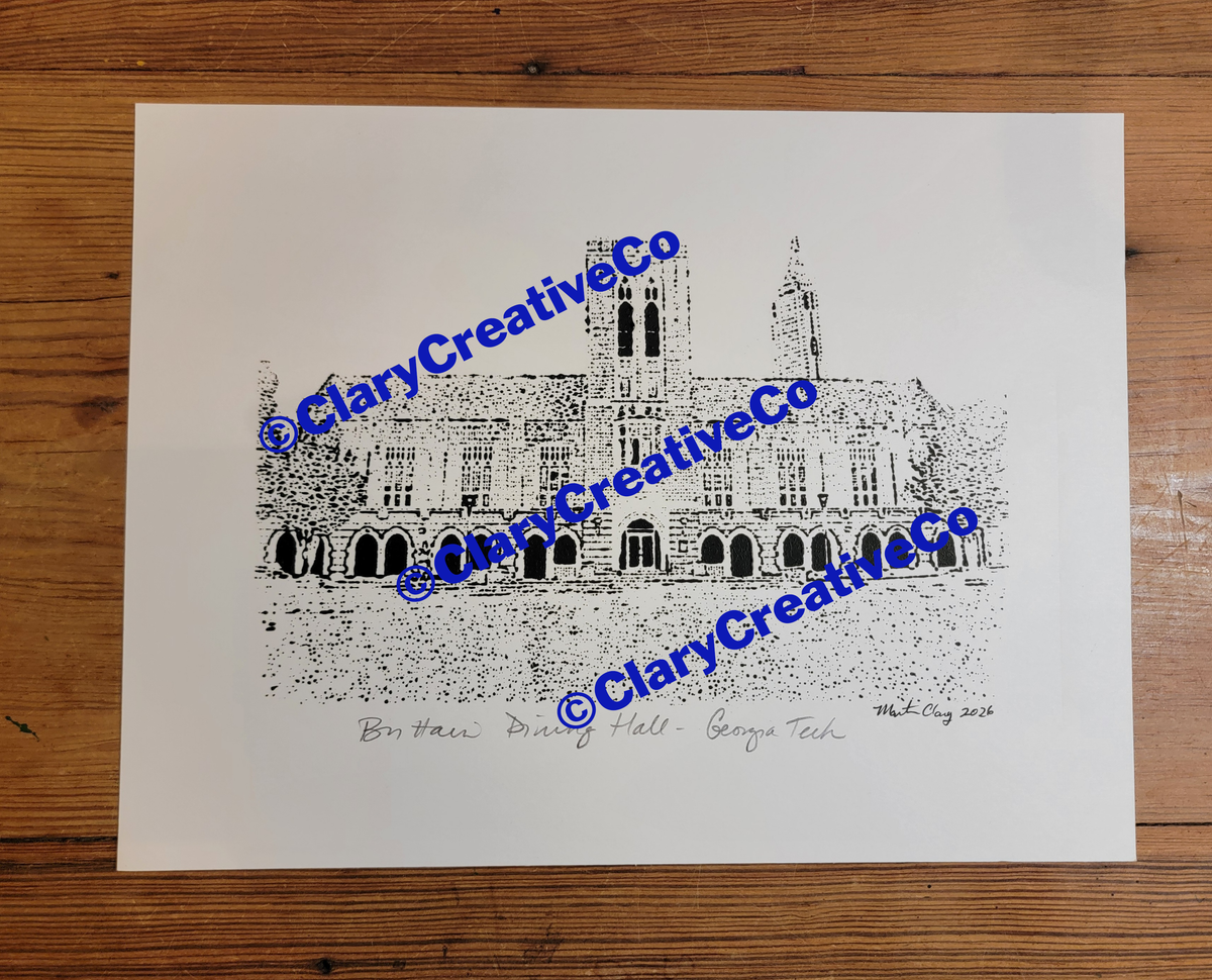 Brittain Dining Hall at Georgia Tech Black and White Original Art Woodblock Prints For Sale