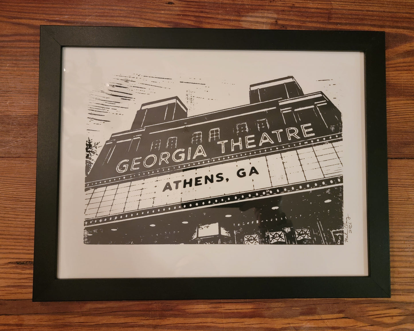 9x12 Framed Black and White woodblock Art Print of the Georgia Theatre Athens Georgia for sale